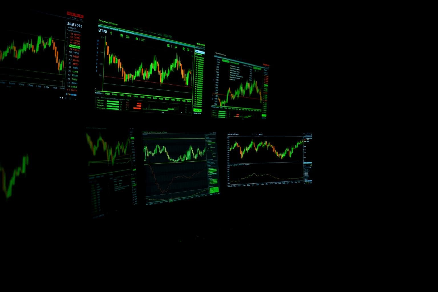 Multi-monitor crypto trading desk at night